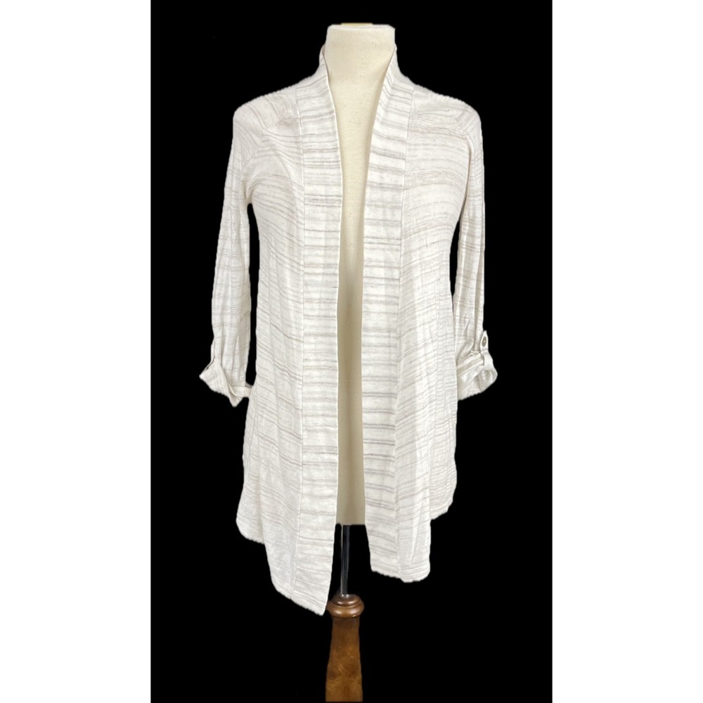 EUC Express Womens White Tan Striped Open Front Cardigan Roll Tab Sleeve Size S